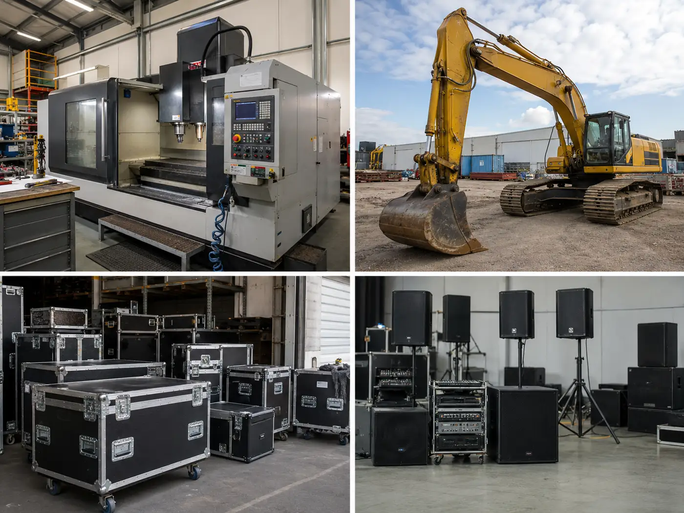 A montage of a CNC machine, excavator, professional flight cases and commercial speakers
